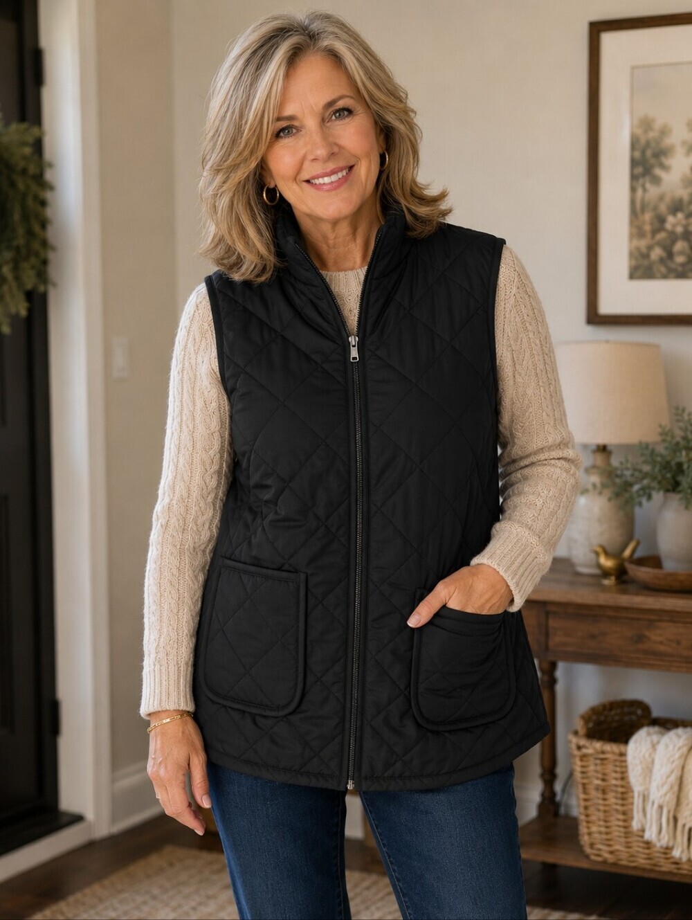 Market & Spruce Black Quilted Puffer Vest Women's Large Full Zip Pockets - Picture 2 of 6